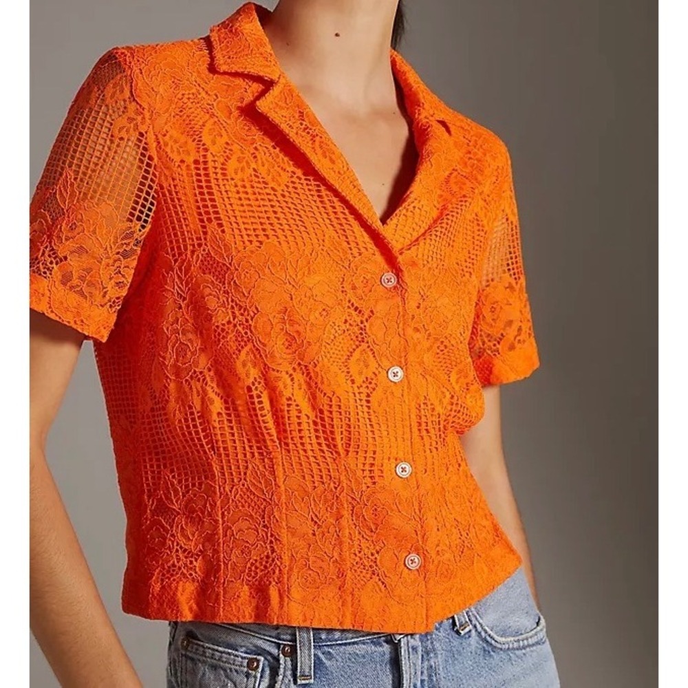 Maeve by Anthropologie Orange Floral Lace Cropped Short Sleeve Button Shirt S